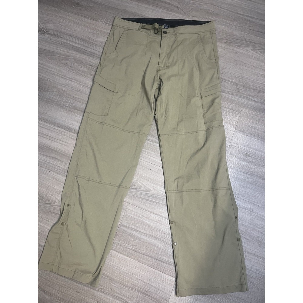Prana Stretch Zion Pants II Tan Performance Roll Snap Belted Mens 36x33 XL